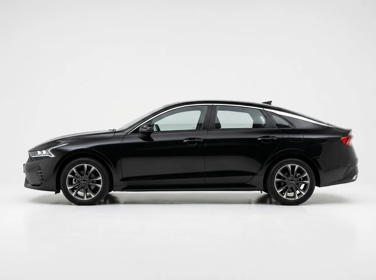 Kia K4 intermediate sedan, black, side profile on white background, car rental product photo