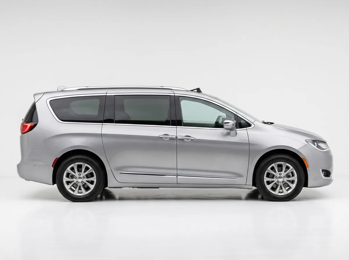 Chrysler Pacifica minivan, silver, side profile on white background, car rental product photo
