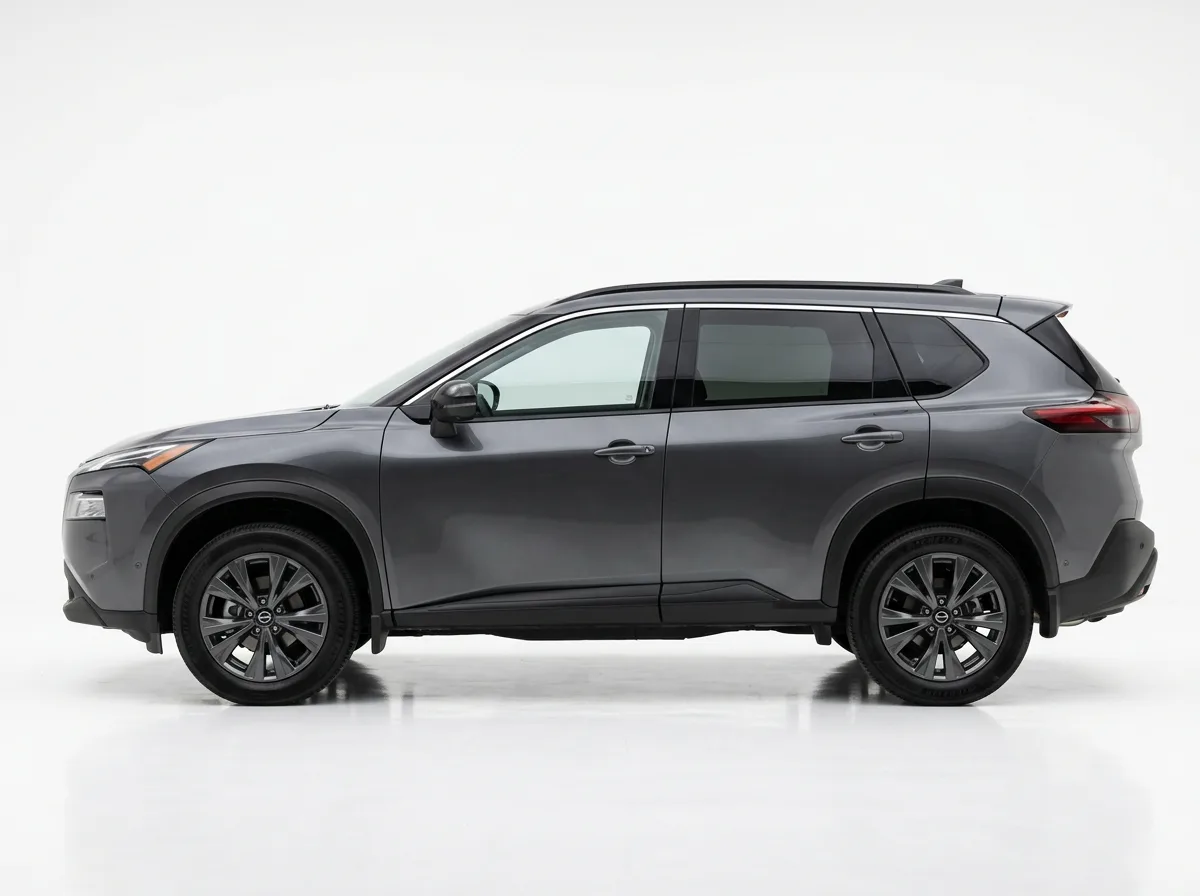 Nissan Rogue compact SUV, dark gray, side profile on white background, car rental product photo