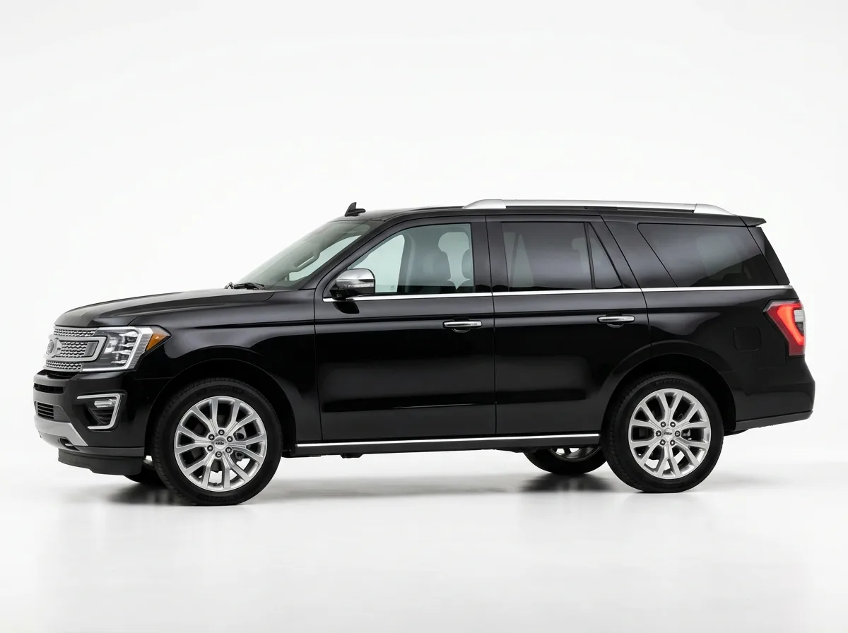 Ford Expedition full-size SUV, black, side profile on white background, car rental product photo