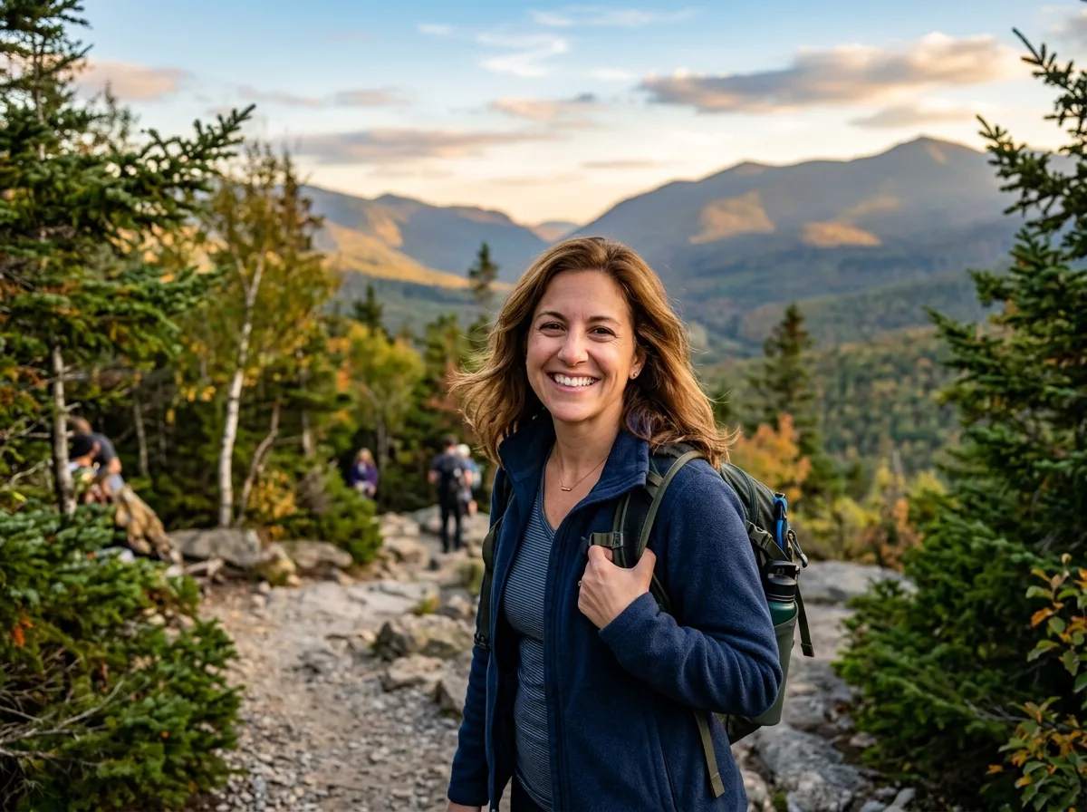 Portrait of Sandra K., family traveler from New Jersey, friendly woman smiling, outdoor setting