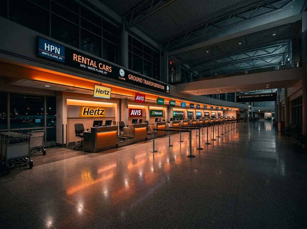 Empty airport terminal rental car counter area at HPN, White Plains New York, wide angle interior, dramatic lighting with orange accents